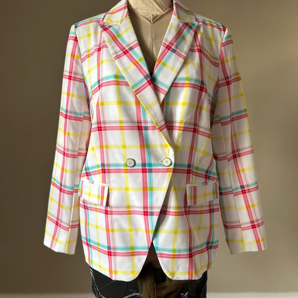 New York & Company Pink and Yellow Plaid Blazer